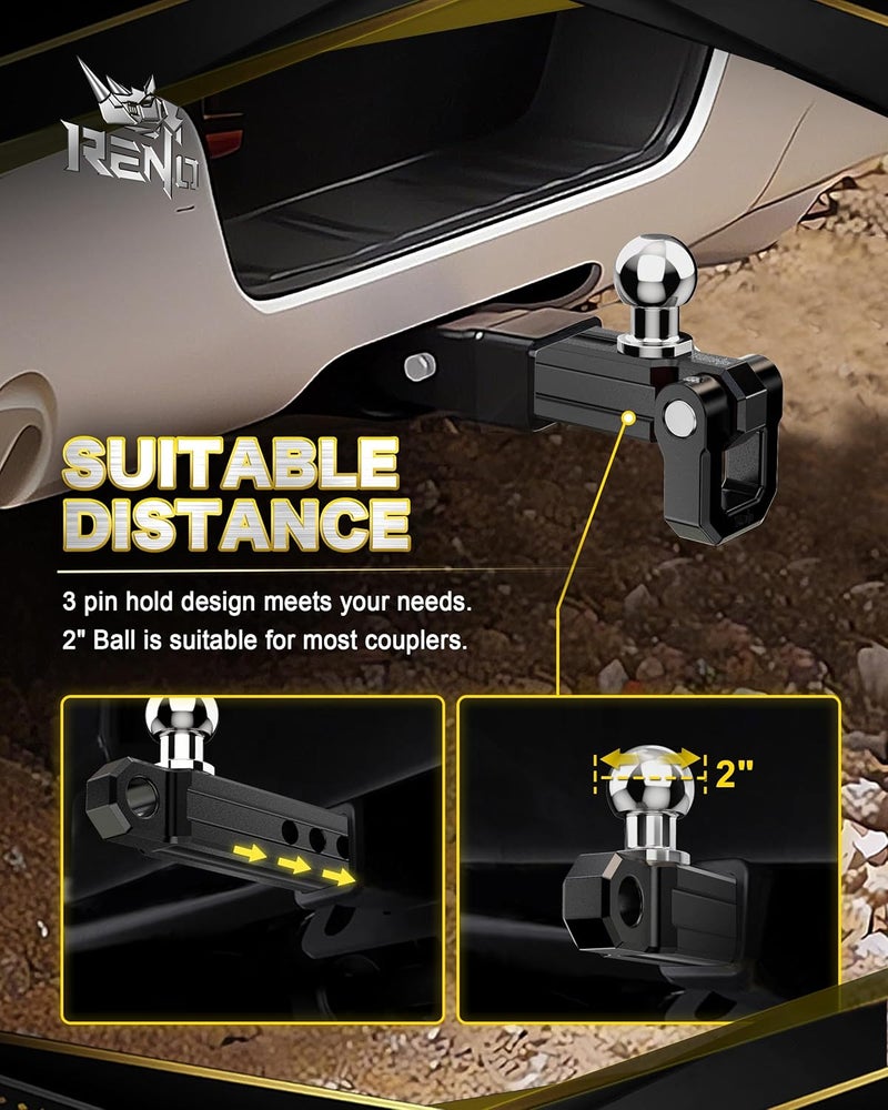 Reno Trailer Hitch, Aluminum Tow Hitch with 3/4" D-Ring Shackle Compatible with 2 inch Receiver Hitch 2" Ball Mount - 6,000 LBS GTW (1 Pack, Black) - Image 2